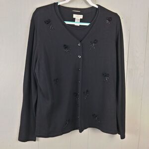 Vintage Yarnworks Cardigan Black Granny‎ 2pc Set Velour Roses Beads Whimsigoth